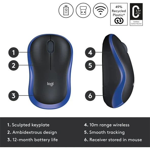 Logitech M185 910-002236 Mavi Optik Kablosuz Mouse - Resim 2