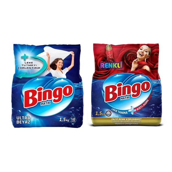 Bingo Ultra Beyaz ve Renkli Toz Çamaşır Deterjanı 1,5 kg 2 li Set ürün görseli 1