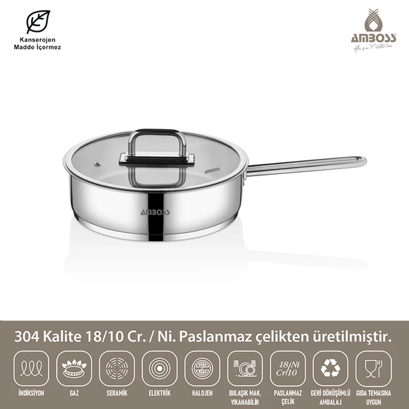 Nova Paslanmaz Çelik Cam Kapaklı Tava 22x5 cm - Resim 2