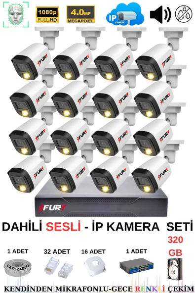 FURY Ip Güvenlik Kamera Seti 16 Kameralı Sesli 4mp Gece Renkli Su Geçirmez Ip5515s 320gb ürün görseli 1