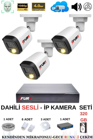 FURY Ip Güvenlik Kamera Seti 3 Kameralı Sesli 4mp Gece Renkli Su Geçirmez Ip5515s 320gb ürün görseli 1