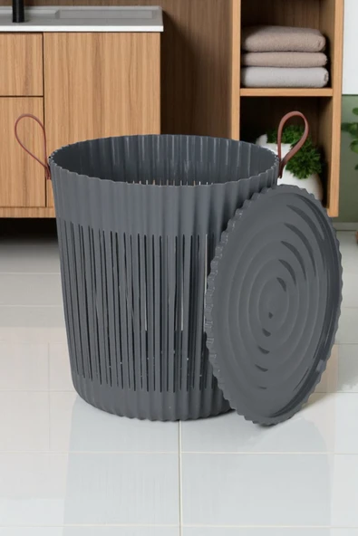 İronika Kapaklı Banyo Çamaşır Kirli Sepeti Deri Desen Kulplu Lüx Banyo Mutfak Organizeri Düzenleyici Antrasit ürün görseli 1