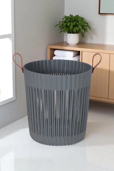 İronika Flex Banyo Çamaşır Kirli Sepeti Deri Görünüm Kulplu Lüx Banyo Mutfak Organizeri Düzenleyici Antrasit ürün görseli 1