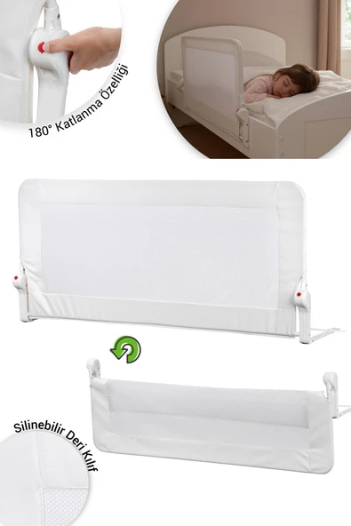Wellgro Premium 150x65 cm Deri Kılıflı Yatak Bariyeri, Katlanır Yatak Korkuluğu, Beyaz ürün görseli 1