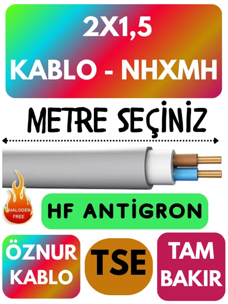 Öznur 2x1,5 NHXMH (ALEV İLETMEZ) Kablo Metre Seçenekli (Gri) ürün görseli 1