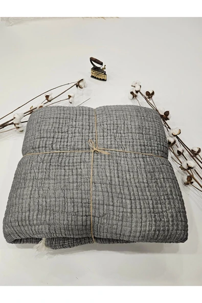 Antrasit Renk 7 Katlı Çift Taraflı Dolgulu Çift Kişilik Müslin Battaniye %100 Pamuk 230x240 cm ürün görseli 1
