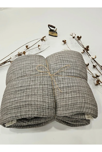 Gri 7 Katlı Çift Taraflı Dolgulu Çift Kişilik Müslin Battaniye %100 Pamuk 230x240 cm ürün görseli 1