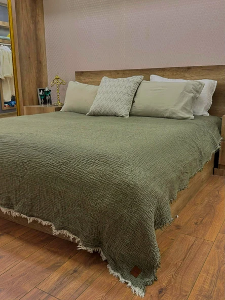 Haki 4 Katlı Çift Taraflı Çift Kişilik Müslin Battaniye %100 Pamuk 230x240 cm ürün görseli 1