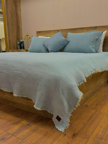 Bebe Mavi 4 Katlı Çift Taraflı Çift Kişilik Müslin Battaniye %100 Pamuk 230x240 cm ürün görseli 1