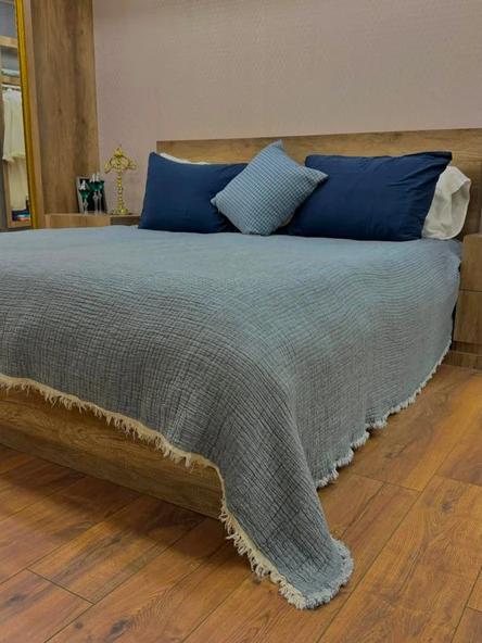Mavi 4 Katlı Çift Taraflı Tek Kişilik Müslin Battaniye %100 Pamuk 230x240 cm ürün görseli 1