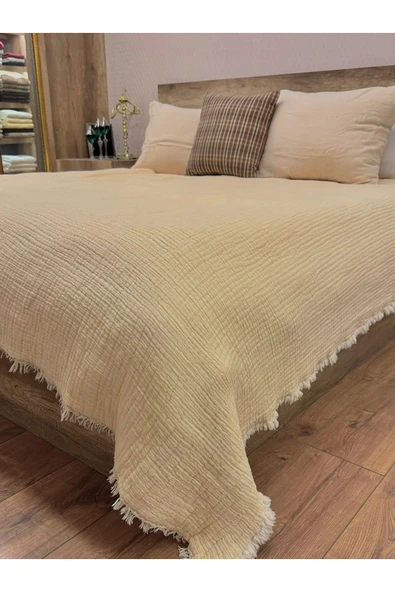 Krem 7 Katlı Çift Taraflı Dolgulu Çift Kişilik Müslin Battaniye %100 Pamuk 230x240 cm ürün görseli 1