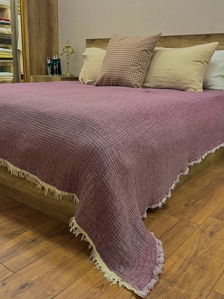 Mor 4 Katlı Çift Taraflı Çift Kişilik Müslin Battaniye %100 Pamuk 230x240 cm ürün görseli 1