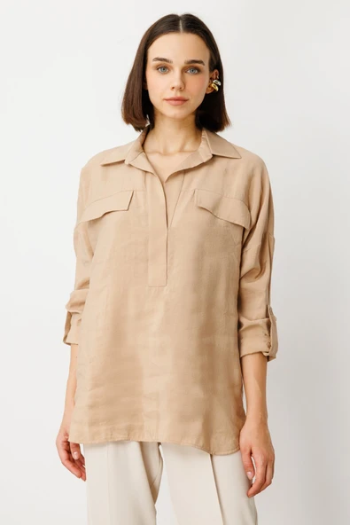 On Minimalist Oversize 3/4 Kol Cep Detaylı Kadın Bluz - Günlük Tarz ürün görseli 1