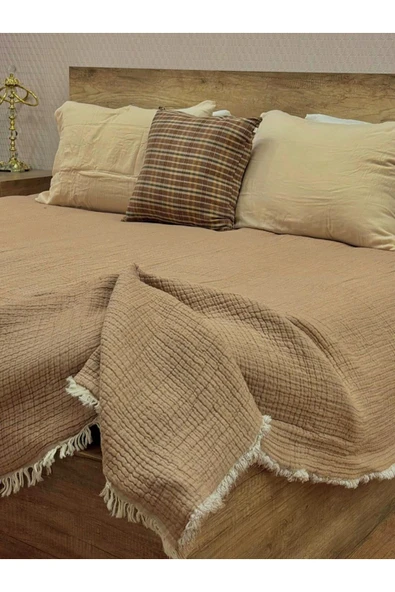 Bej 7 Katlı Çift Taraflı Dolgulu Çift Kişilik Müslin Battaniye %100 Pamuk 230x240 cm ürün görseli 1