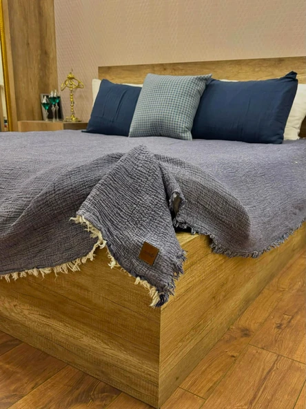 Denim Mavi 4 Katlı Çift Taraflı Çift Kişilik Müslin Battaniye %100 Pamuk 230x240 cm ürün görseli 1