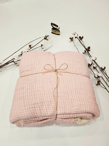 Pembe 7 Katlı Çift Taraflı Dolgulu Çift Kişilik Müslin Battaniye %100 Pamuk 230x240 cm ürün görseli 1