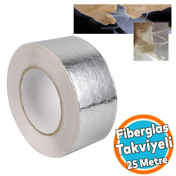 Yapışkanlı Fiberglas Lif Takviyeli Alüminyum Folyo Bant 45 mm x 25 Metre Yanmaz Soba Borusu Bandı ürün görseli 1