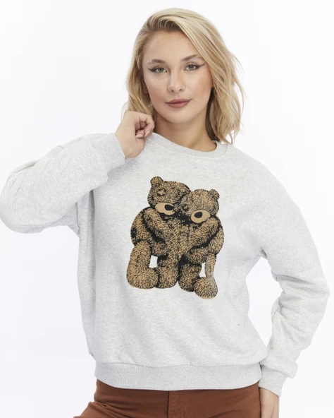 Kadife Ayıcıklar Desenli Gri Melanj Yumuşak Dokulu Regular Fit Bisiklet Yaka Kadın Sweatshirt ürün görseli 1