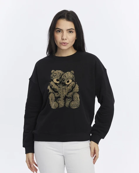 Kadife Ayıcıklar Desenli Siyah Yumuşak Dokulu Regular Fit Bisiklet Yaka Kadın Sweatshirt ürün görseli 1