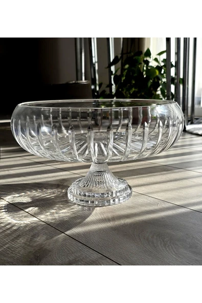 Kesme Kristal Yuvarlak Ayaklı Sunumluk Kase 24 Cm Salata Sunum Kasesi ürün görseli 1