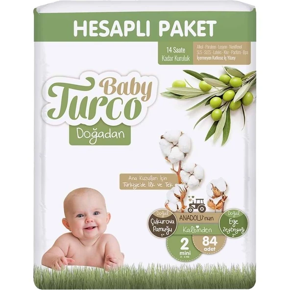 Baby Turco Bebek Bezi Doğadan 2 Beden 3-6 KG Mini 84 Adet Jumbo Ekonomik Pk ürün görseli 1