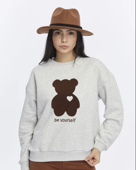 Kadife Be Yourself Desenli Gri Melanj Yumuşak Dokulu Regular Fit Bisiklet Yaka Kadın Sweatshirt ürün görseli 1