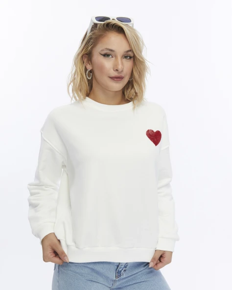 Kadife Kalp Desenli Ekru Yumuşak Dokulu Regular Fit Bisiklet Yaka Kadın Sweatshirt ürün görseli 1