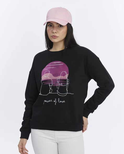 Kadife Gün Batımı Desenli Siyah Yumuşak Dokulu Regular Fit Bisiklet Yaka Kadın Sweatshirt ürün görseli 1