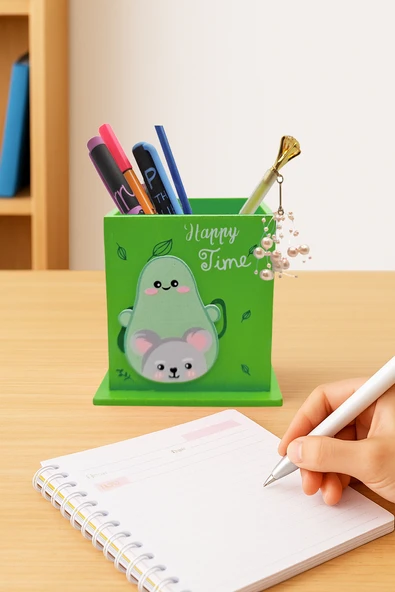 Ahşap Masaüstü Kalemlik Sevimli Avakado Koala Desenli Yeşil - 1 Adet ürün görseli 1