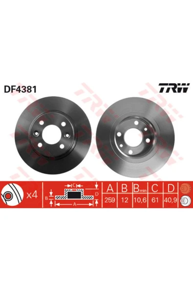 TRW DF4381 Fren Diski Ön Twingo / Logan I 04- Sandero I 08- Düz 259Mm ürün görseli 1