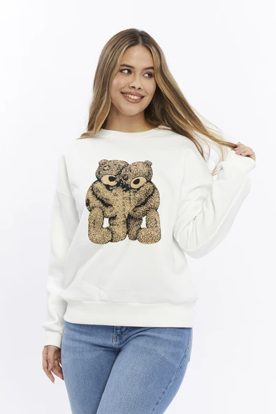 Kadife Kuş Desenli Şardonlu (Içi Polarlı) Ekru Regular Fit Bisiklet Yaka Kadın Sweatshirt ürün görseli 1