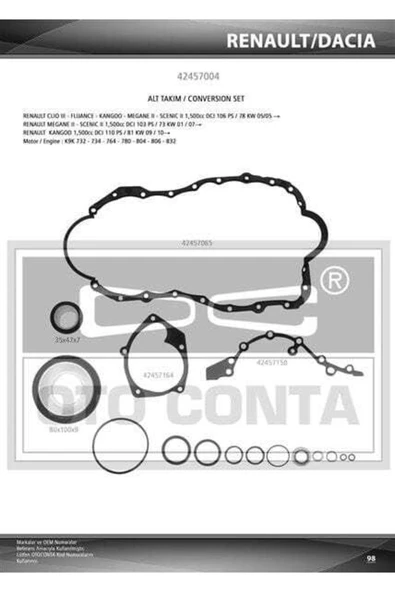 42457004 Motor Takım Conta Alt Clıo Iıı Clıo Iı Megane Iı Scenic Iı 1.5 Dcı Keçe Metal ürün görseli 1