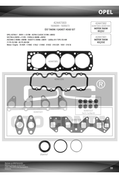42447303 Motor Takım Conta Üst Astra Vectra A Ascona 1.6 C16nz 93 Keçelı ürün görseli 1