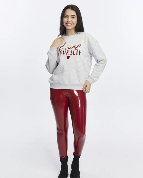 Kadife Love Yourself Desenli Gri Melanj Yumuşak Dokulu Regular Fit Bisiklet Yaka Kadın Sweatshirt ürün görseli 1