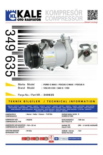 Kale 349635 KLİMA KOMPRESÖRÜ FOCUS 06-12 C-MAX 07-10 110MM ürün görseli 1