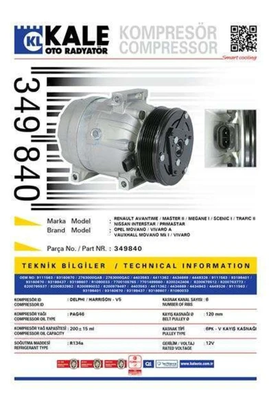 Kale 349840 Klıma Kompresoru Renault Master Iı - Megane I - Scenıc I - Trafıc Iı - Nıssan Interstar ürün görseli 1