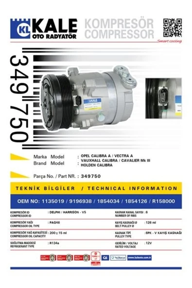 Kale 349750 KLİMA KOMPRESÖRÜ VECTRA A 2.0 88-95 -CALIBRA A 2.0 90-97 124mm ürün görseli 1