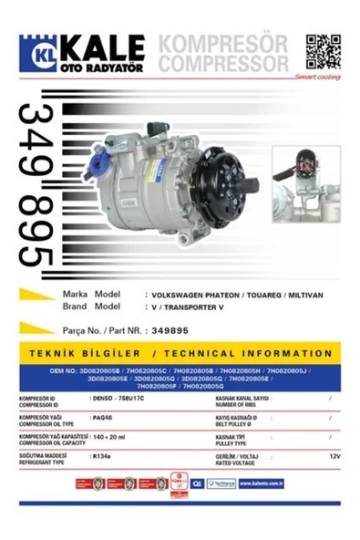 Kale 349895 KLİMA KOMPRESÖRÜ T5 2.5 TDI 03-09 TOUAREG 2.5 03-10 ürün görseli 1