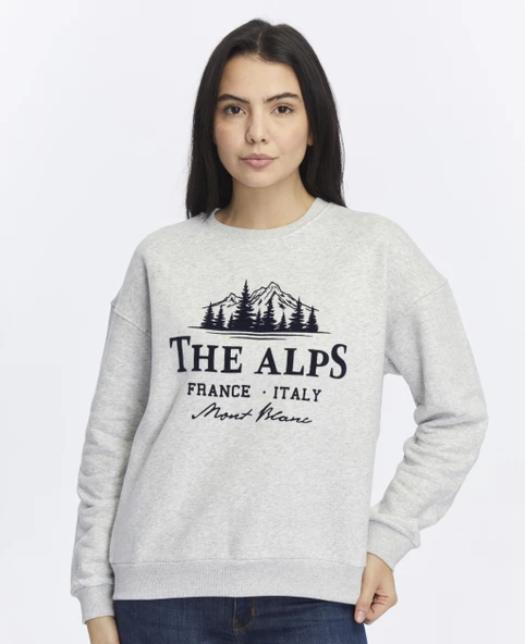 Kadife The Alps Desenli Gri Melanj Yumuşak Dokulu Regular Fit Bisiklet Yaka Kadın Sweatshirt ürün görseli 1