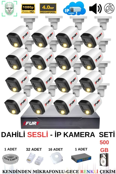 FURY Ip Güvenlik Kamera Seti 16 Kameralı Sesli 4mp Gece Renkli Su Geçirmez Ip5515s 500gb ürün görseli 1