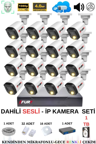 FURY Ip Güvenlik Kamera Seti 16 Kameralı Sesli 4mp Gece Renkli Su Geçirmez Ip5515s 1tb ürün görseli 1