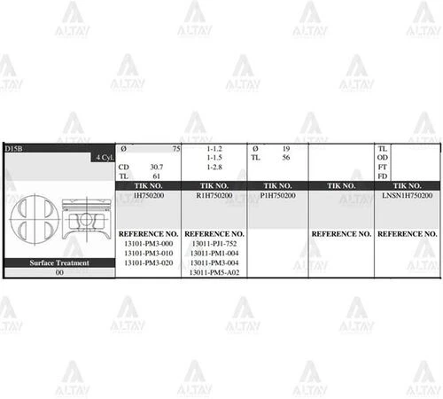 Tik 1H750200 -050 Pistön Takım Civic 1.5l 88-91 75.50mm D14b1 Pm3 0.50 13101pm3000 ürün görseli 1