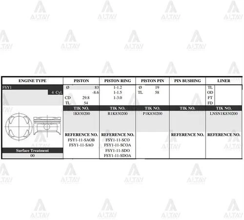 Tik 1K830200 -std Pistön Takım 626 2.0l 92-97 83mm Fs Std Fsy111saob ürün görseli 1