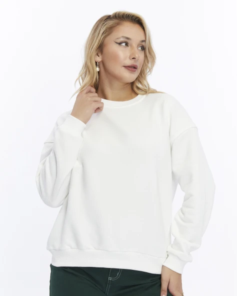Kadife True Self Love Desenli Ekru Yumuşak Dokulu Regular Fit Bisiklet Yaka Kadın Sweatshirt ürün görseli 1