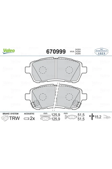 Valeo 670999 Ön Balata Fiesta Vı 1.4-1.4tdci 1.6 Tdcı 08 Swift 10 Justy 07 Mazda Iı 07 Sırion 08 - ürün görseli 1