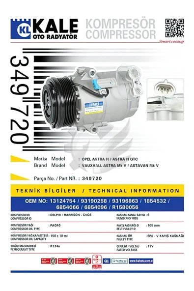 Kale 349720 Klıma Kompresoru Astra H Z13dth [6pk - V Kayıs Kasnagı] [105mm] ürün görseli 1