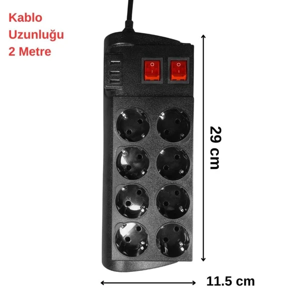 Techmaster 3 Usb Akım ve Çocuk Korumalı 8li Priz 2mt - Resim 3