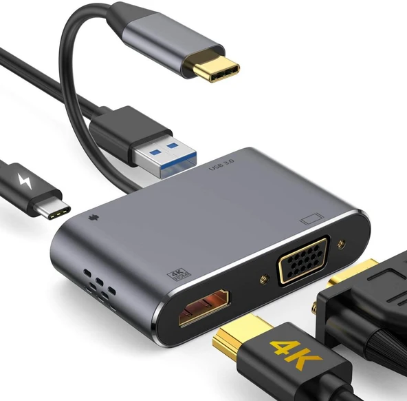 Type-C 4 in 1 4k HDMI VGA Usb 3.0 Type-C Şarj Girişli Adaptör ürün görseli 1