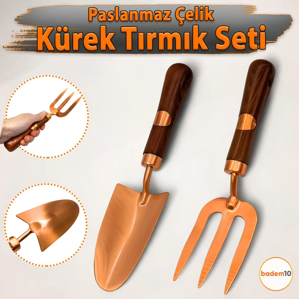 Paslanmaz 2’li Bahçe Hobi Seti Kürek Dirgen Tırmık Ergonomik Ahşap Sap Tarla Balkon Sebze Çiçek Alet ürün görseli 1