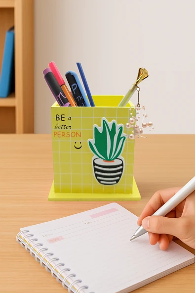 Ahşap Masaüstü Kalemlik Kaktüs Bitki Desenli Sarı - 1 Adet ürün görseli 1